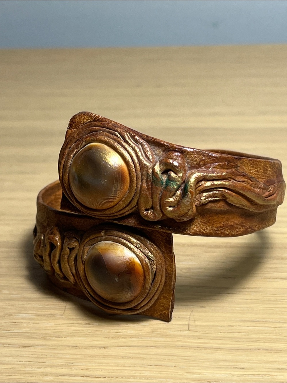 Vintage Artisan Tooled Leather Wrap Cuff Bracelet w/ Faux Tiger's Eye